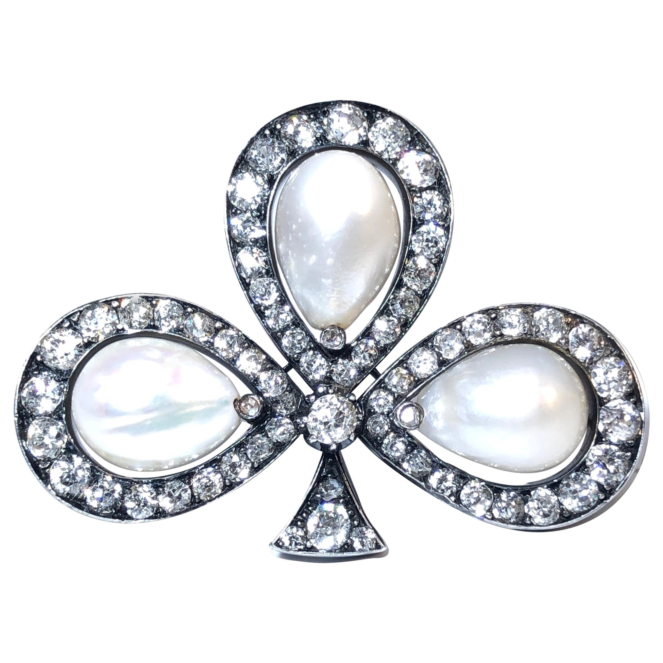 Antique Natural Pearl, Diamond and Silver Topped Gold Brooch