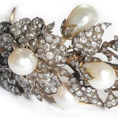 Antique Natural Pearl, Diamond and Silver Upon Gold Floral Tiara