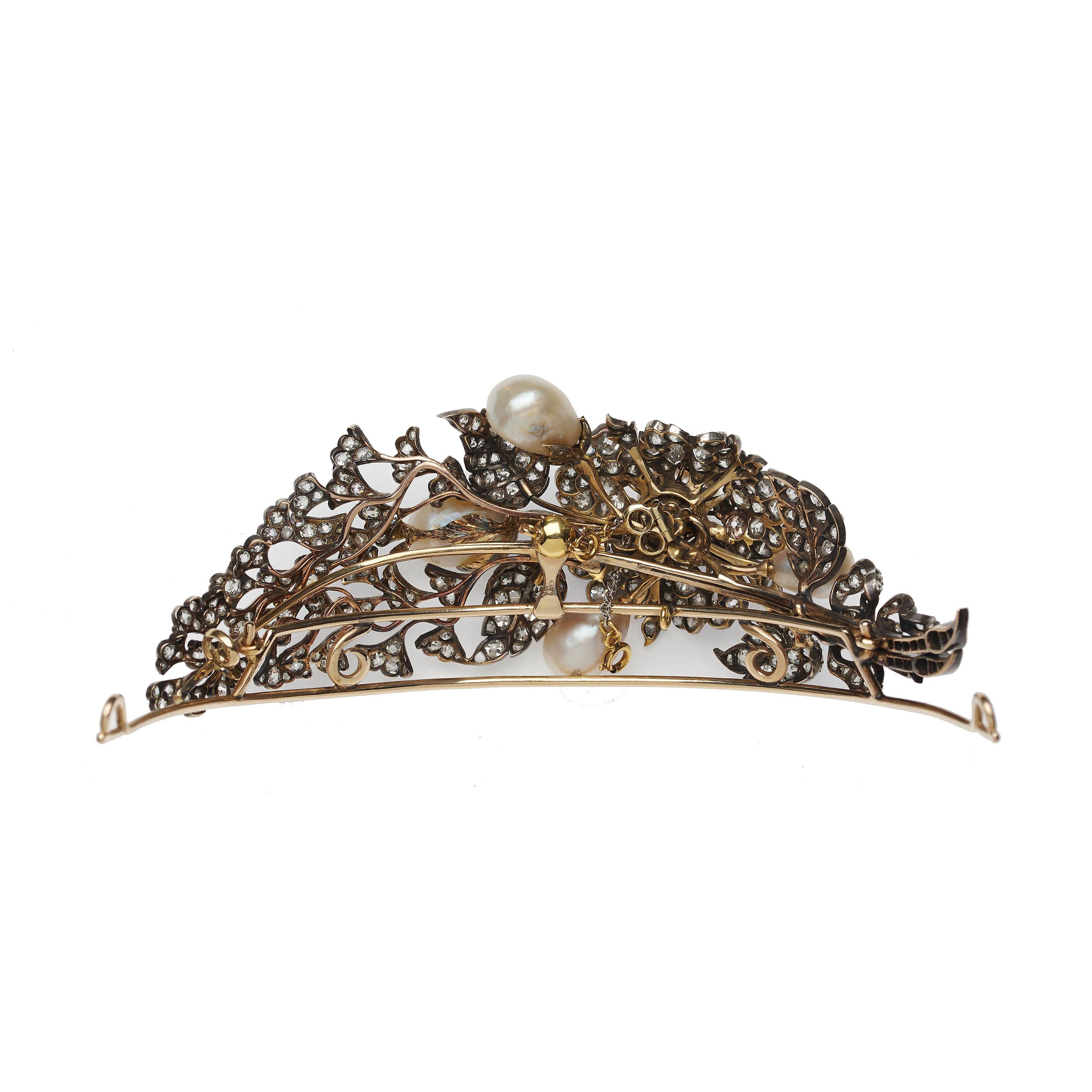 Art Nouveau Antique Natural Pearl, Diamond and Silver Upon Gold Floral Tiara