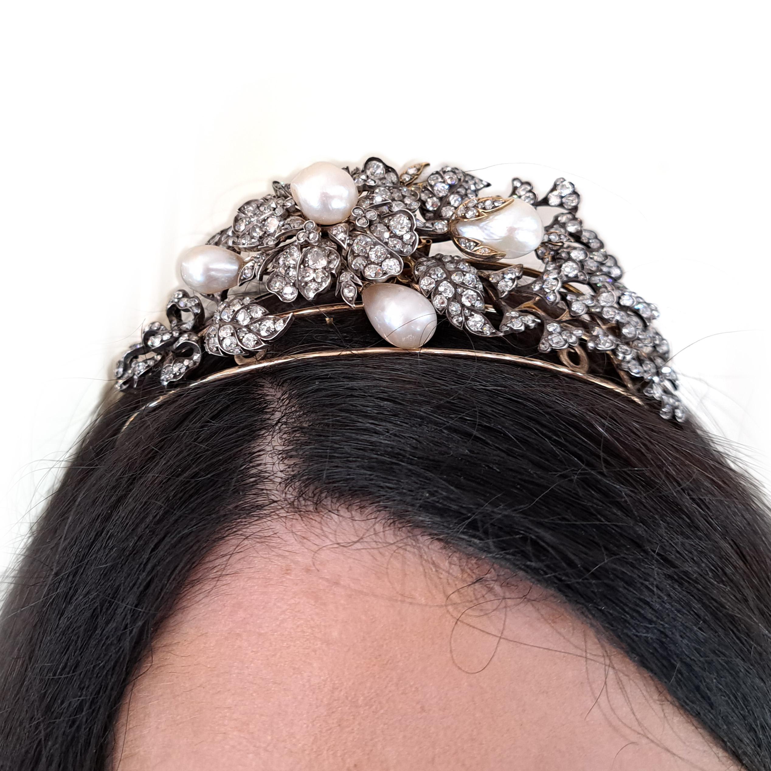 Rose Cut Antique Natural Pearl, Diamond and Silver Upon Gold Floral Tiara