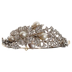 Antique Natural Pearl, Diamond and Silver Upon Gold Floral Tiara