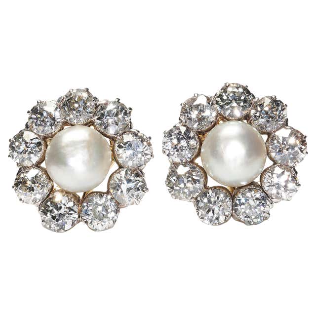 Antique Natural Pearl, Diamond, Gold And Platinum Cluster Earrings ...