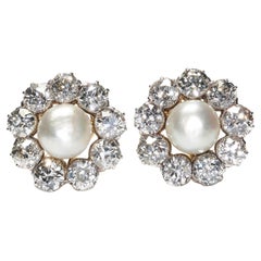 Antique Natural Pearl, Diamond, Gold And Platinum Cluster Earrings, Circa 1920