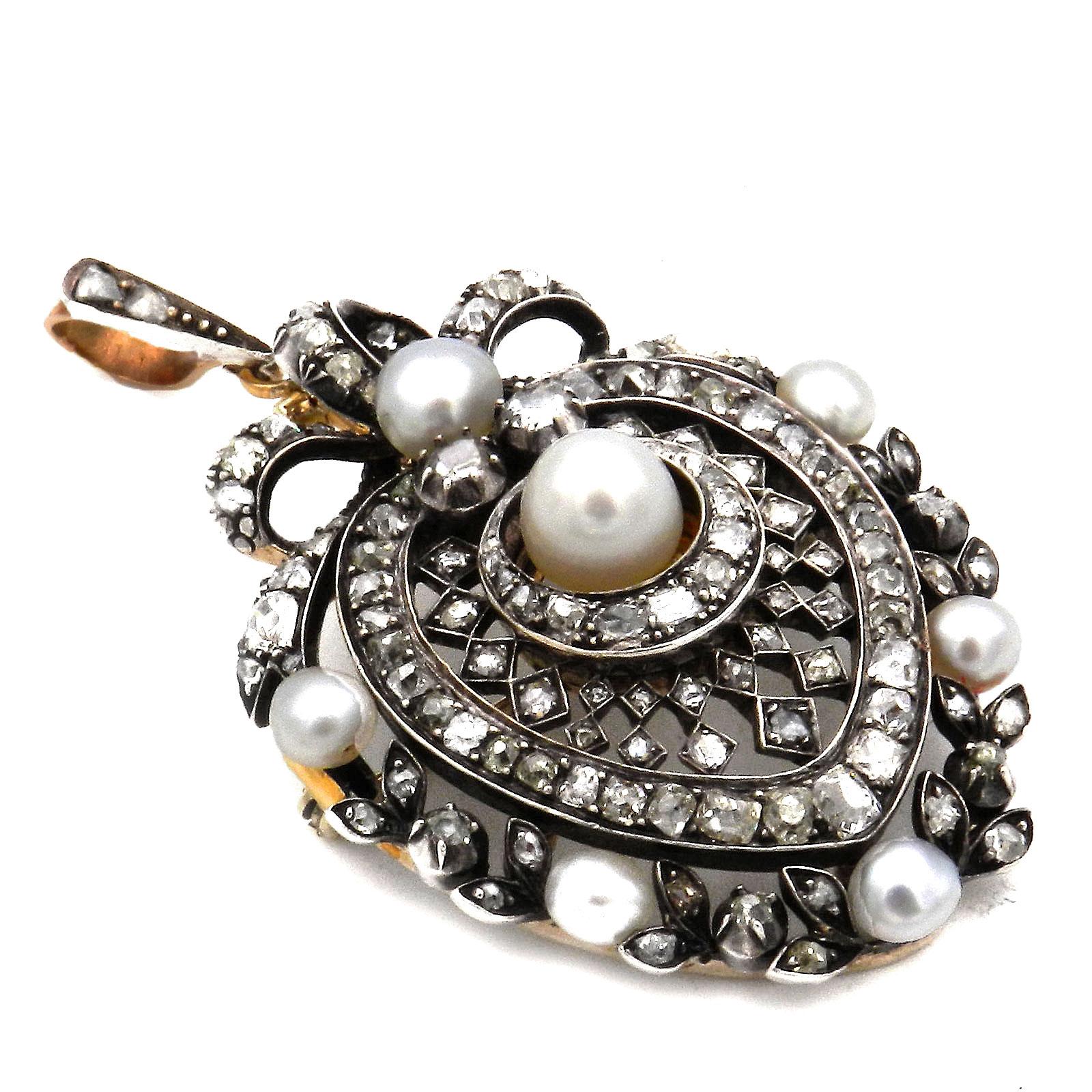 Late Victorian Antique Natural Pearl Diamond Gold and Silver Pendant Brooch, circa 1890 For Sale