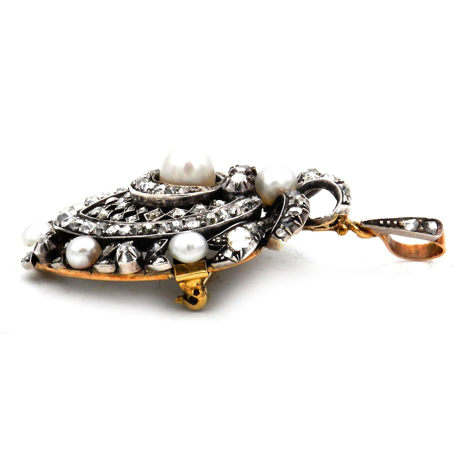 Old European Cut Antique Natural Pearl Diamond Gold and Silver Pendant Brooch, circa 1890 For Sale
