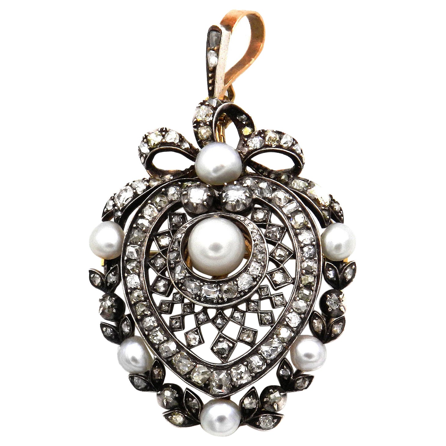 Antique Natural Pearl Diamond Gold and Silver Pendant Brooch, circa 1890