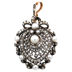 Broche pendante en or et argent, circa 1890, avec perles naturelles et diamants antiques