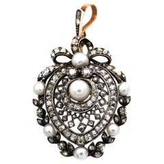 Antiguo broche colgante de oro y plata con perlas naturales y diamantes, circa 1890