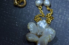 Antique Natural Pearl Flower Necklace with Partial Station Chain