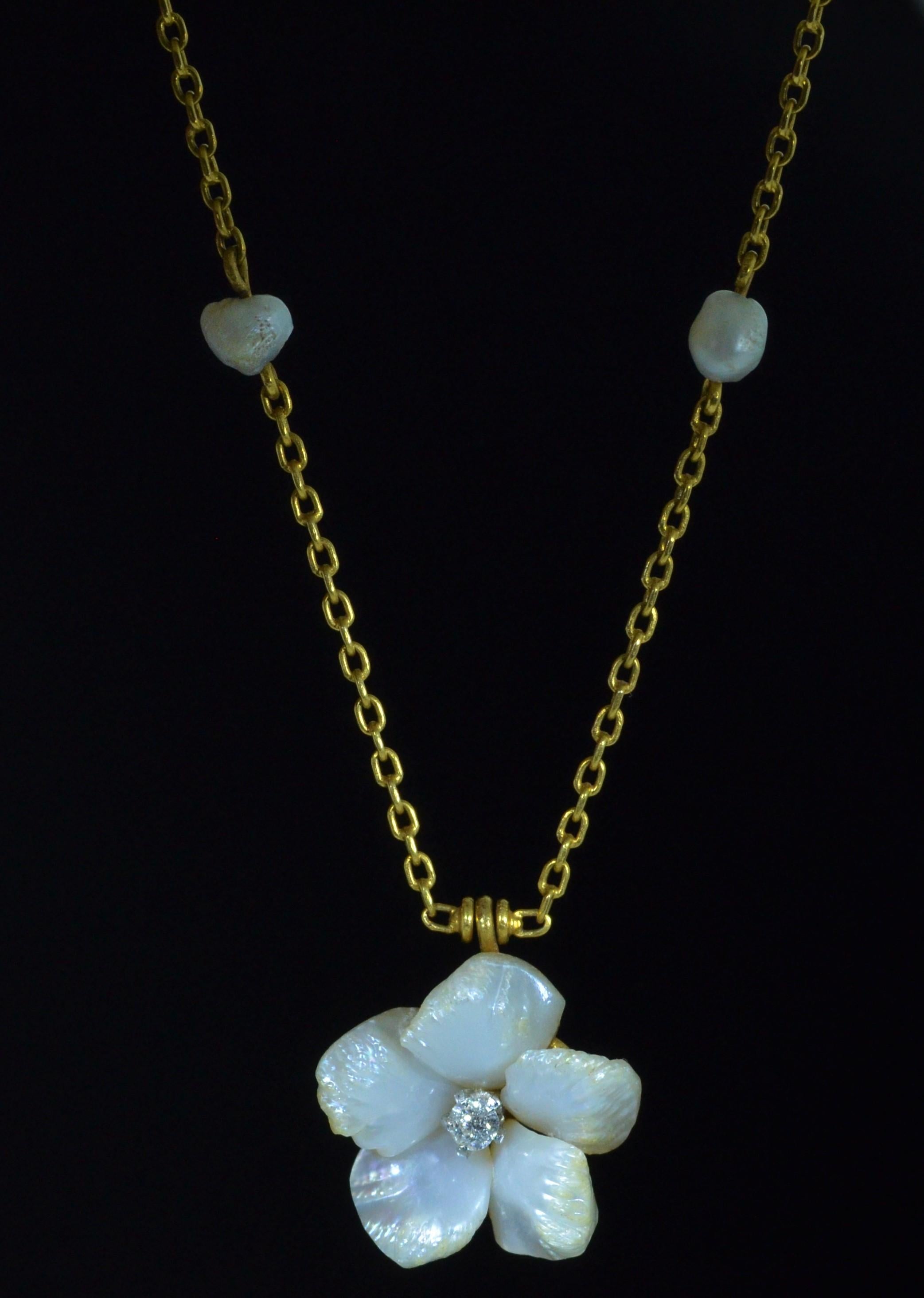 Victorian Antique Natural Pearl Flower Necklace with Partial Station Chain For Sale