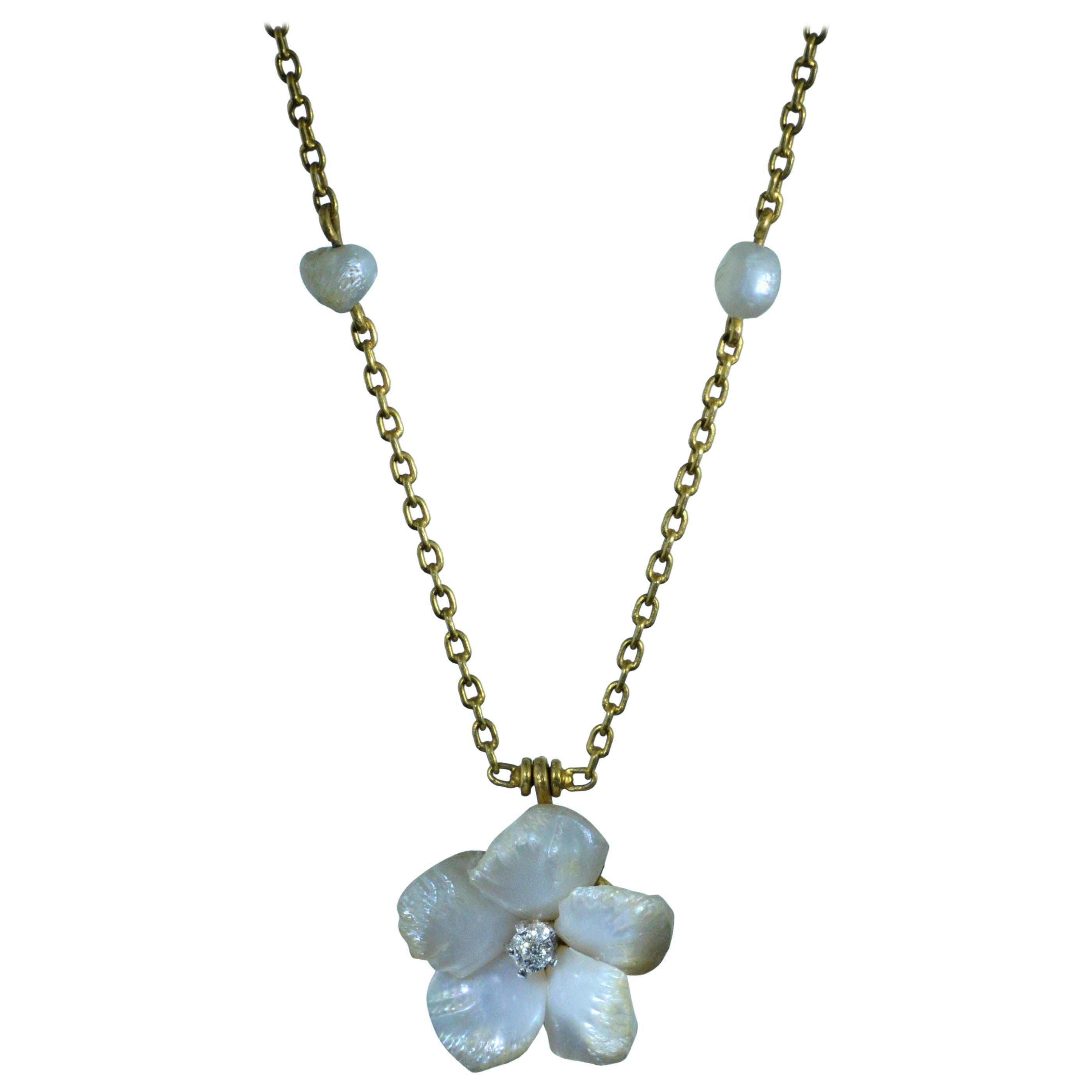 Antique Natural Pearl Flower Necklace with Partial Station Chain For Sale