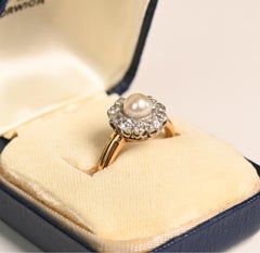 Edwardian Natural Pearl Halo Ring. Diamond Floral Halo Ring 18K Yellow Gold 1900