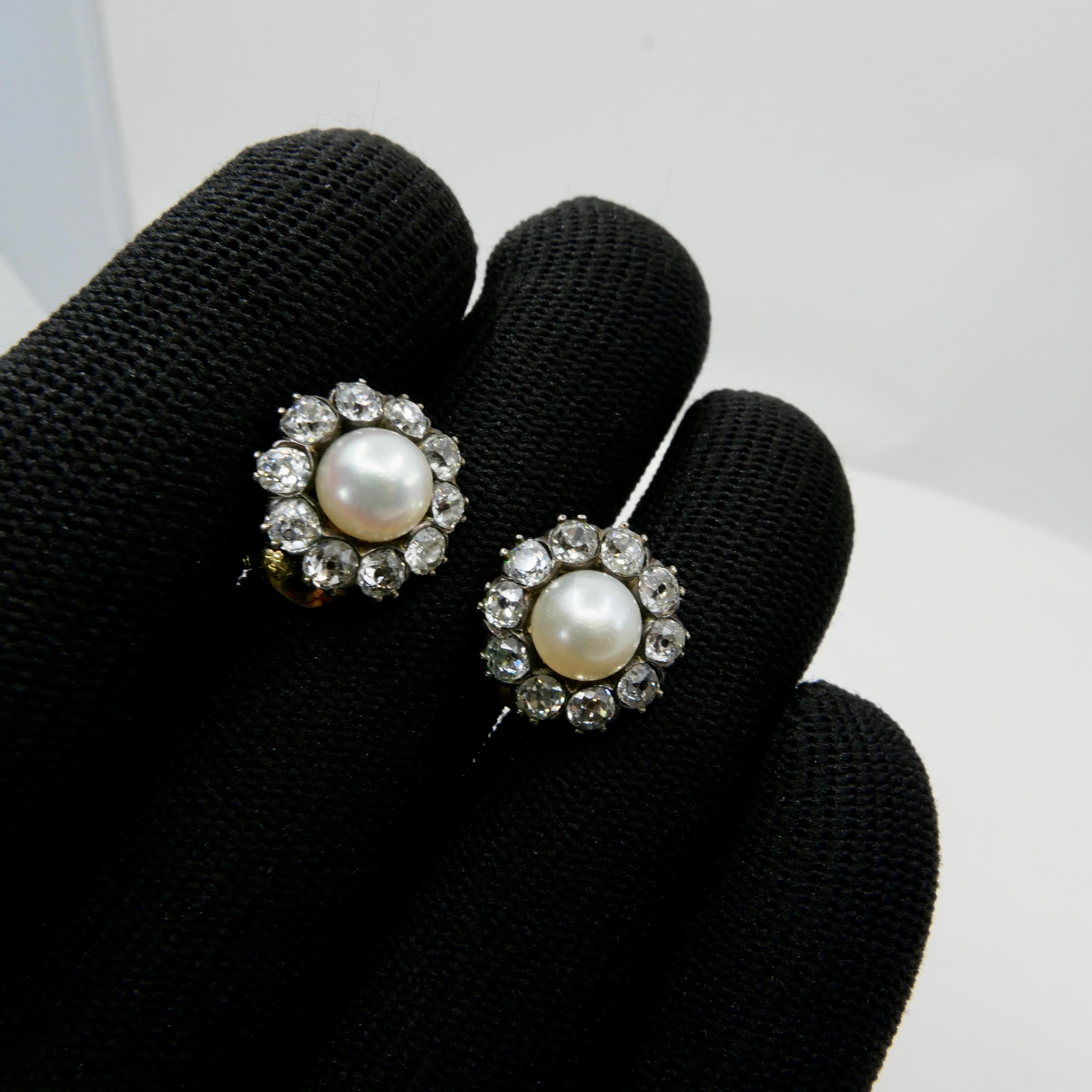 Round Cut Antique Natural Pearl & Old Cut Diamond Earrings. French Assay & Maker Mark.