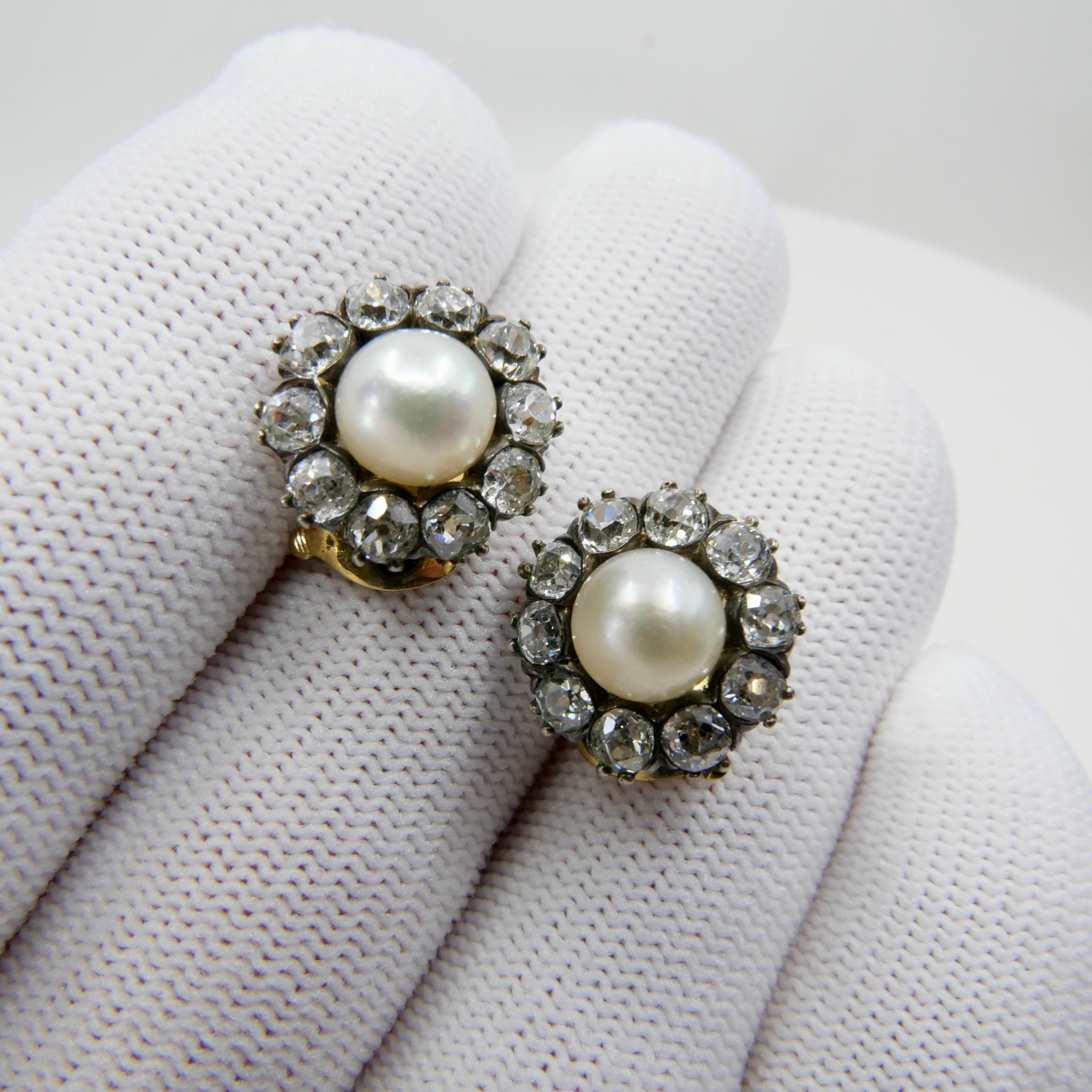Antique Natural Pearl & Old Cut Diamond Earrings. French Assay & Maker Mark. In Good Condition In Hong Kong, HK