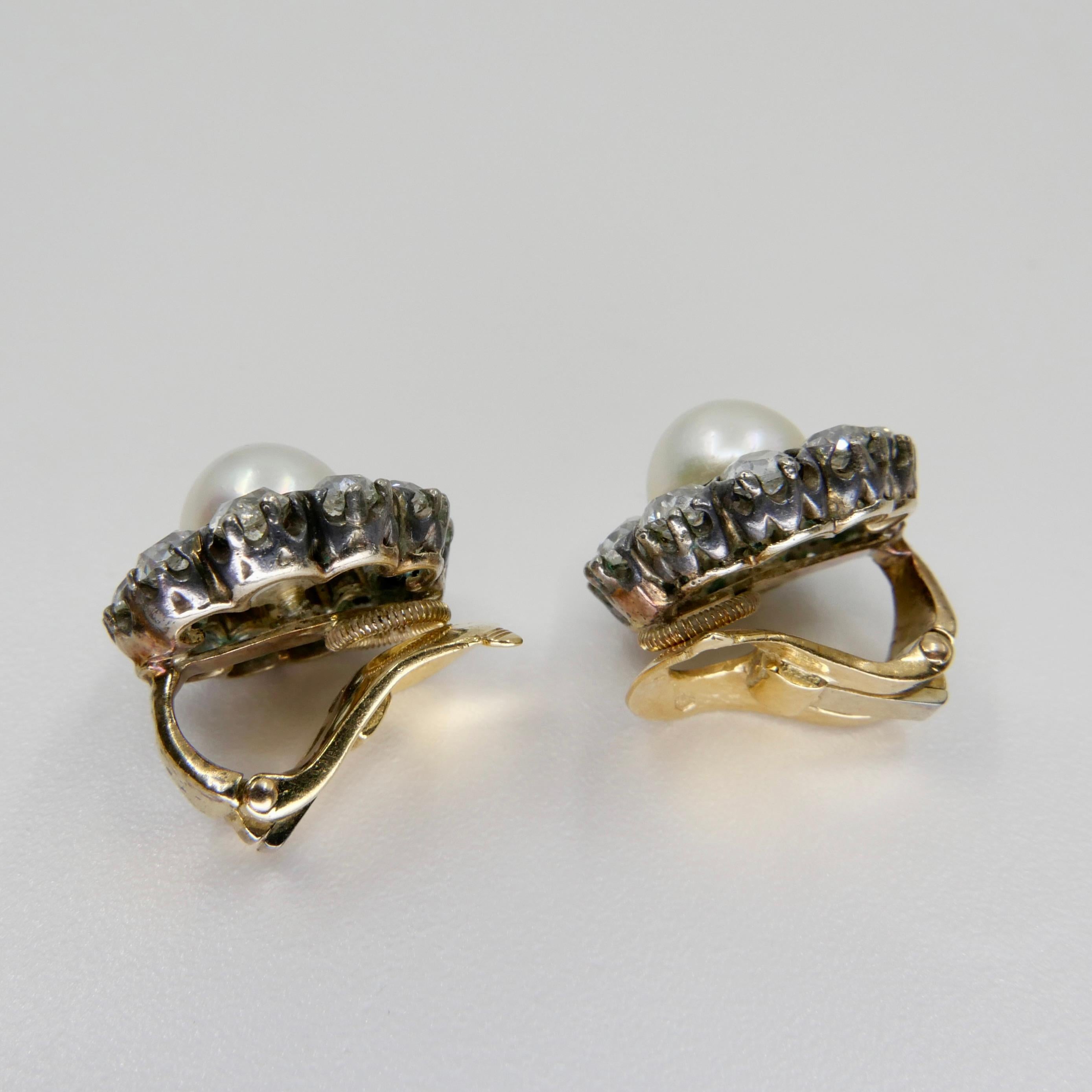 Women's Antique Natural Pearl & Old Cut Diamond Earrings. French Assay & Maker Mark.