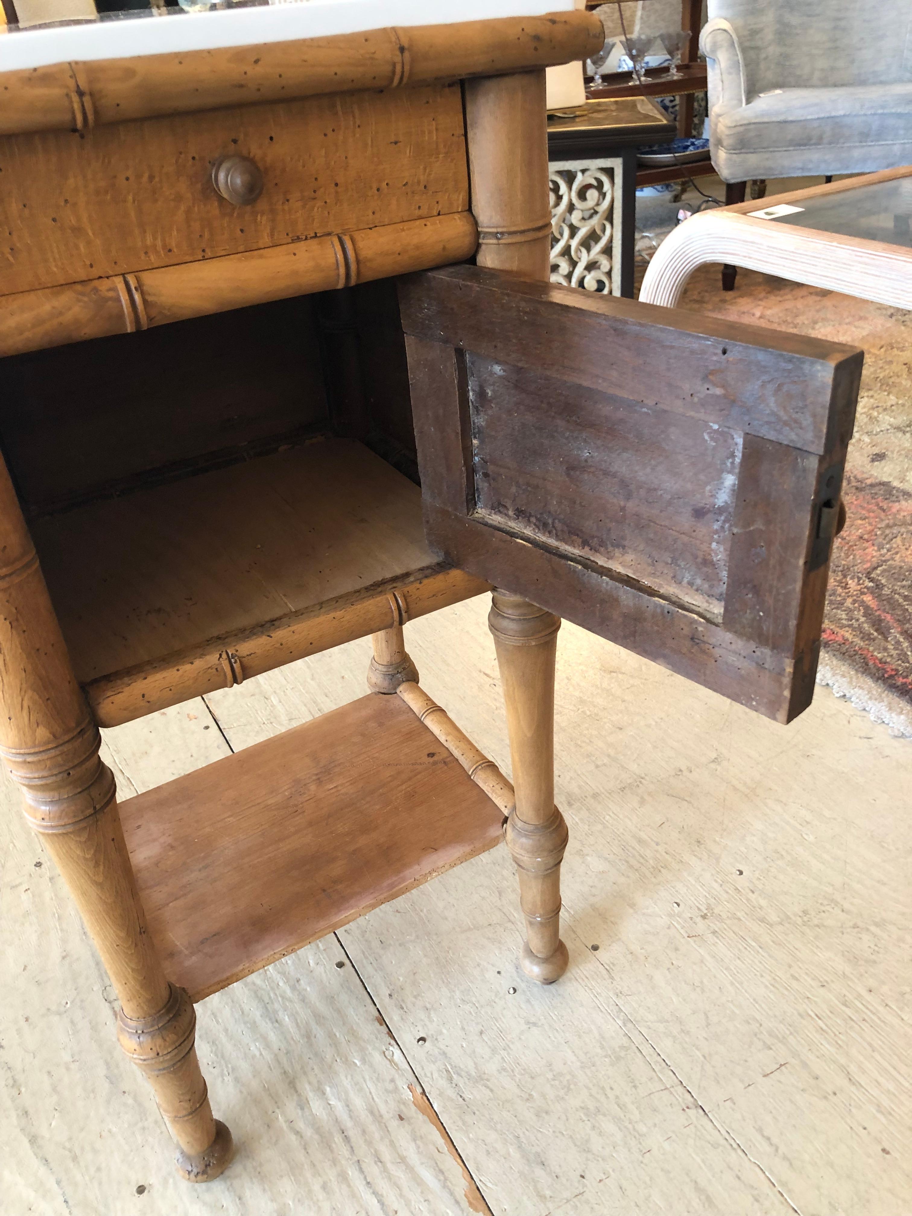 Rustic Antique Natural Pine Night Stand with White Marble Top For Sale