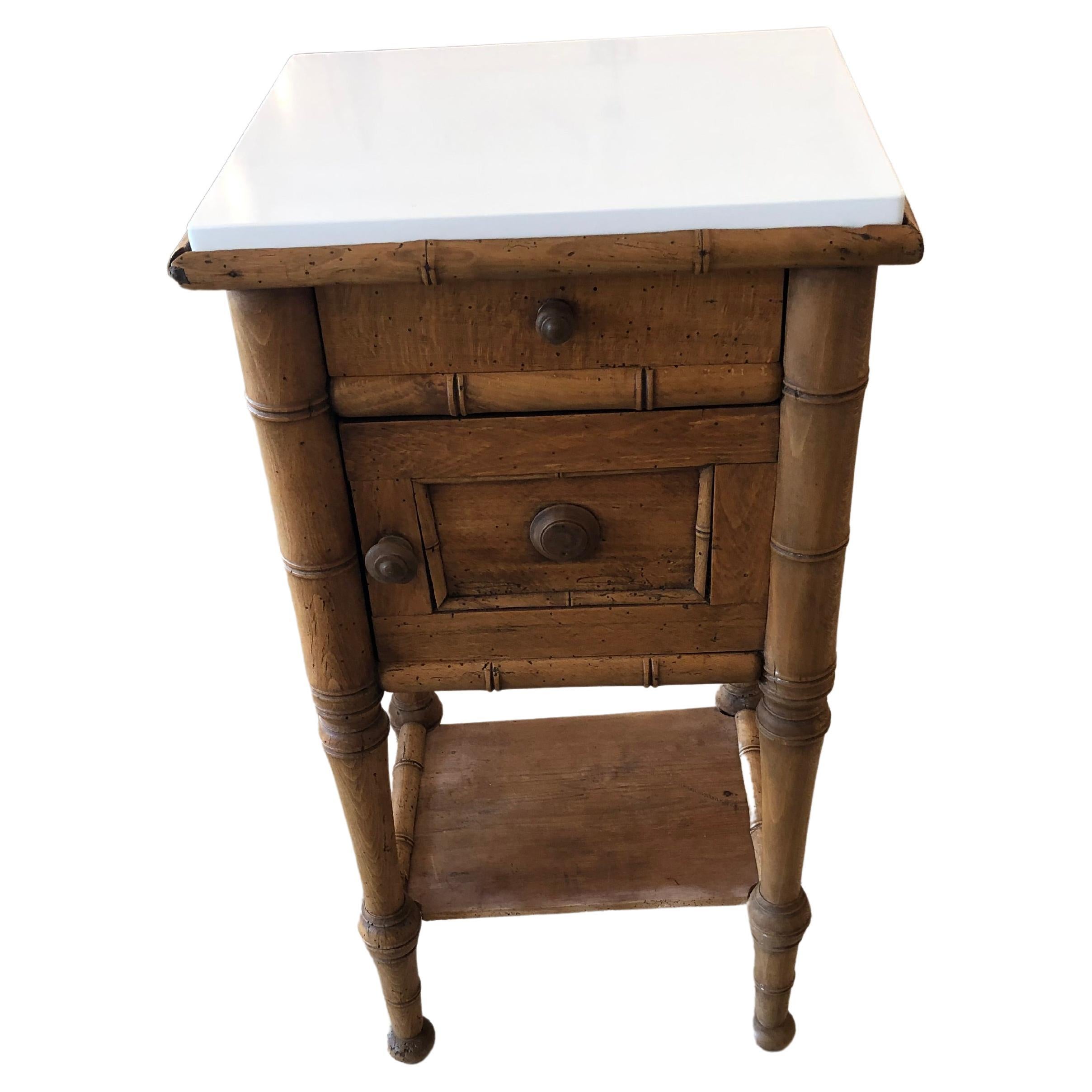 Antique Natural Pine Night Stand with White Marble Top For Sale