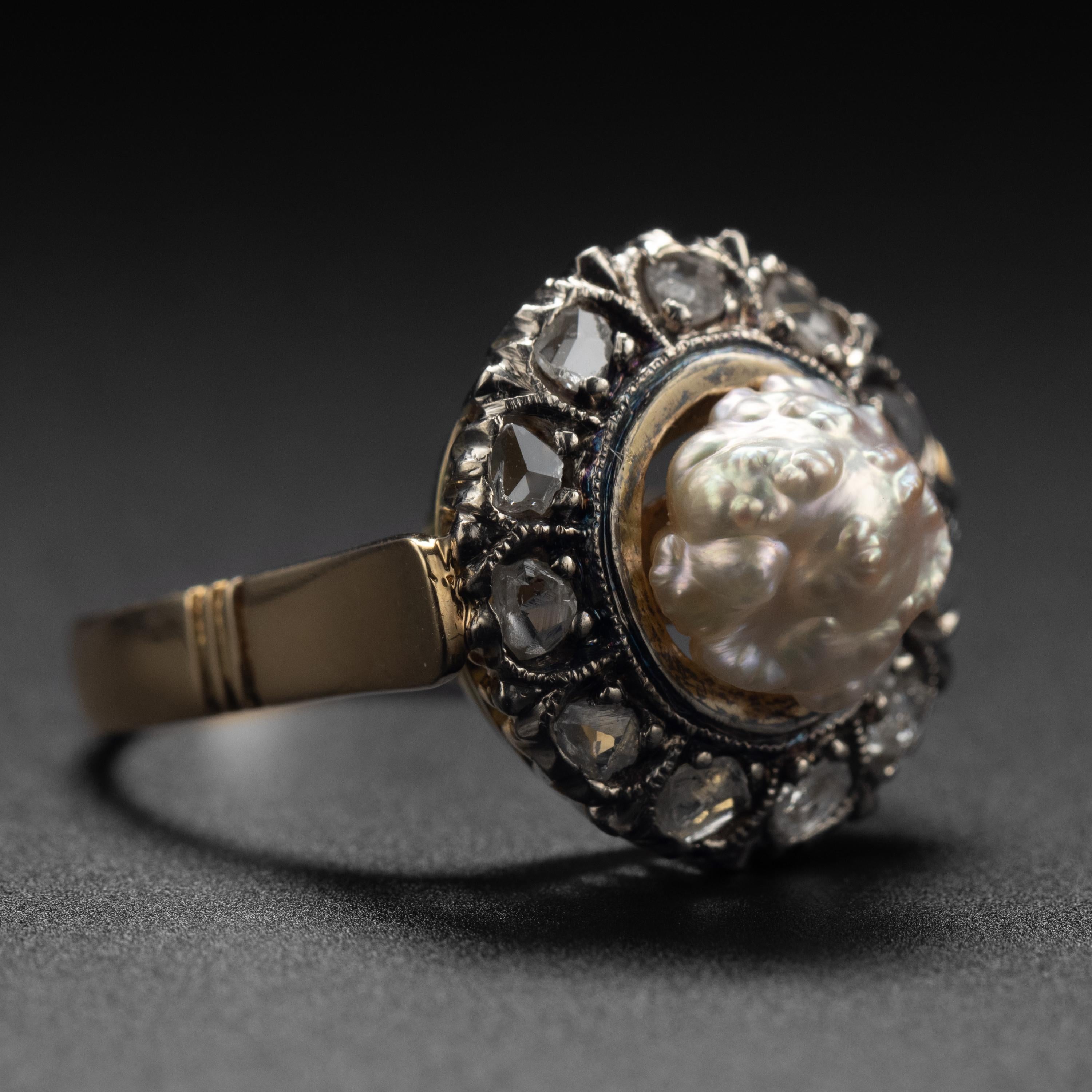 Late Victorian Antique Natural River Pearl and Diamond Ring