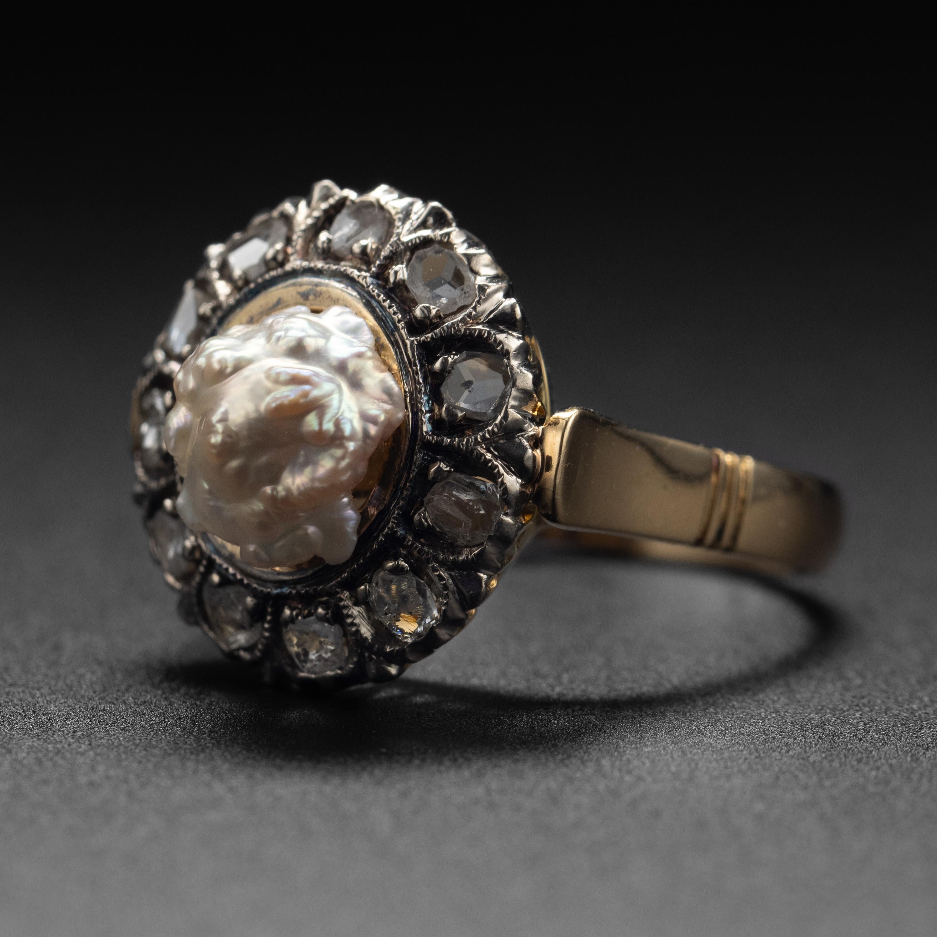 Single Cut Antique Natural River Pearl and Diamond Ring