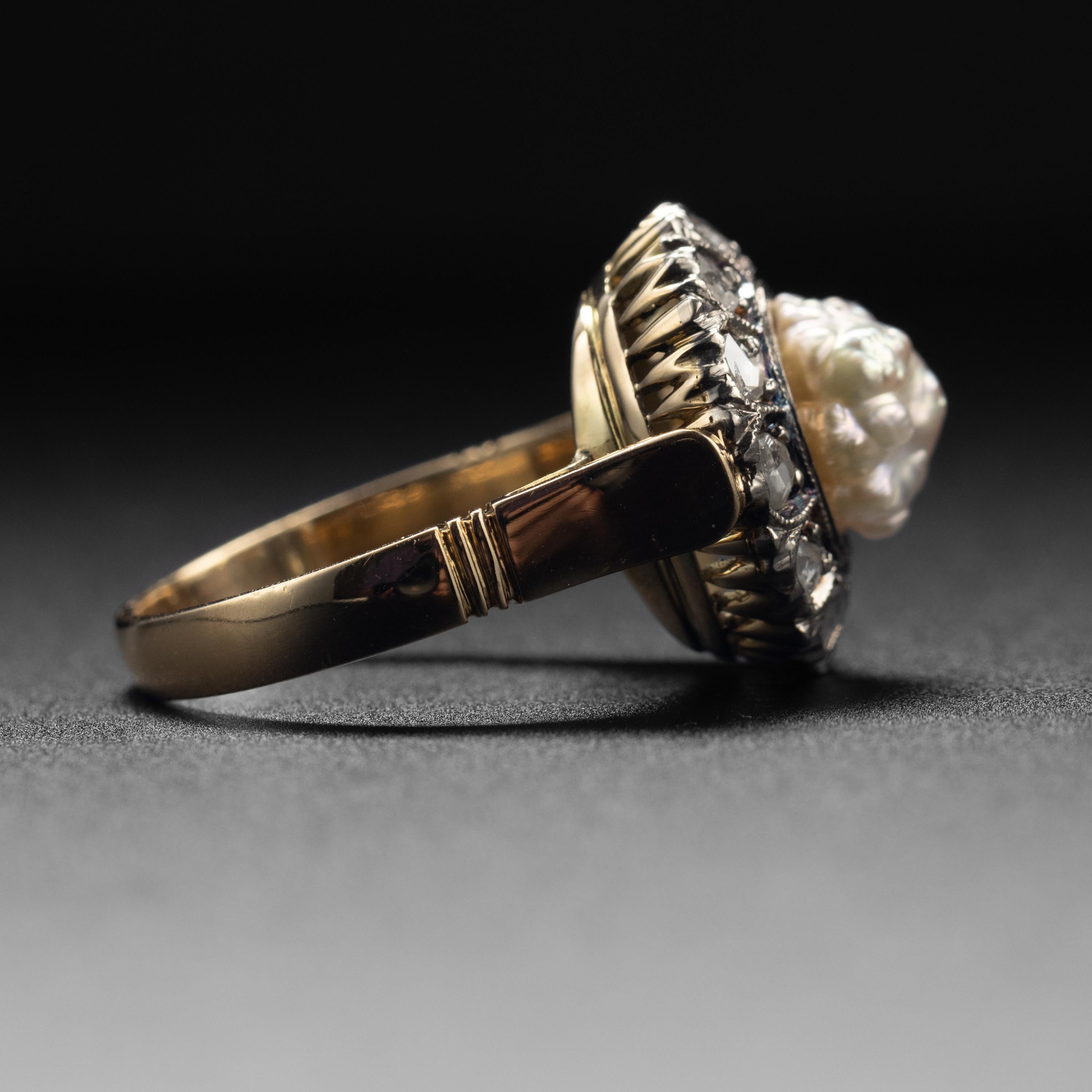Women's or Men's Antique Natural River Pearl and Diamond Ring