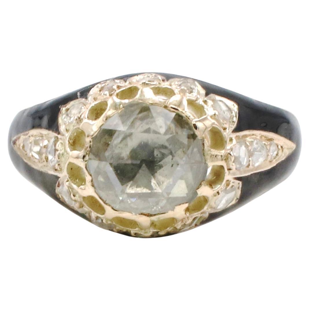 Antique Natural Rose Cut Diamond & Enamel Yellow Gold Engagement Ring 
Metal: 14k yellow gold
Weight: 4.03 grams
Diamond: 7mm rose cut I-J SI2 round natural diamond, approx. 1.00 carat
Accent diamonds: Approx. 0.20 CTW I-J SI rose cut diamonds
Size: