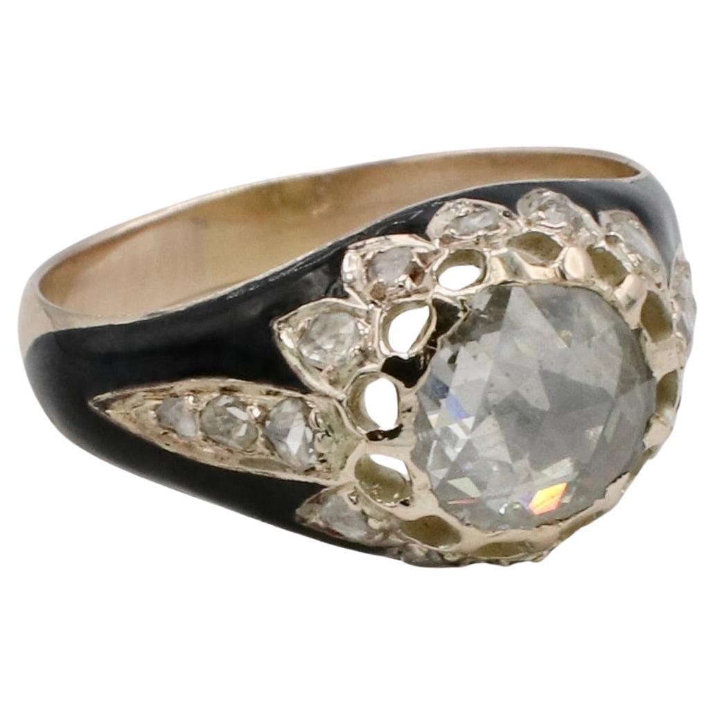 Art Deco Antique Natural Rose Cut Diamond & Enamel Yellow Gold Engagement Ring