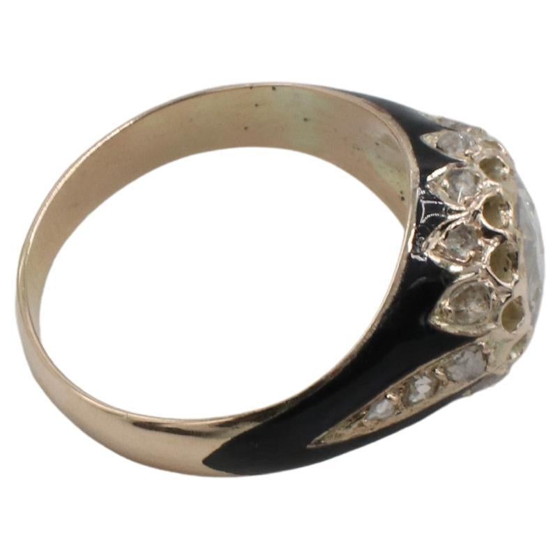Antique Natural Rose Cut Diamond & Enamel Yellow Gold Engagement Ring In Excellent Condition In  Baltimore, MD
