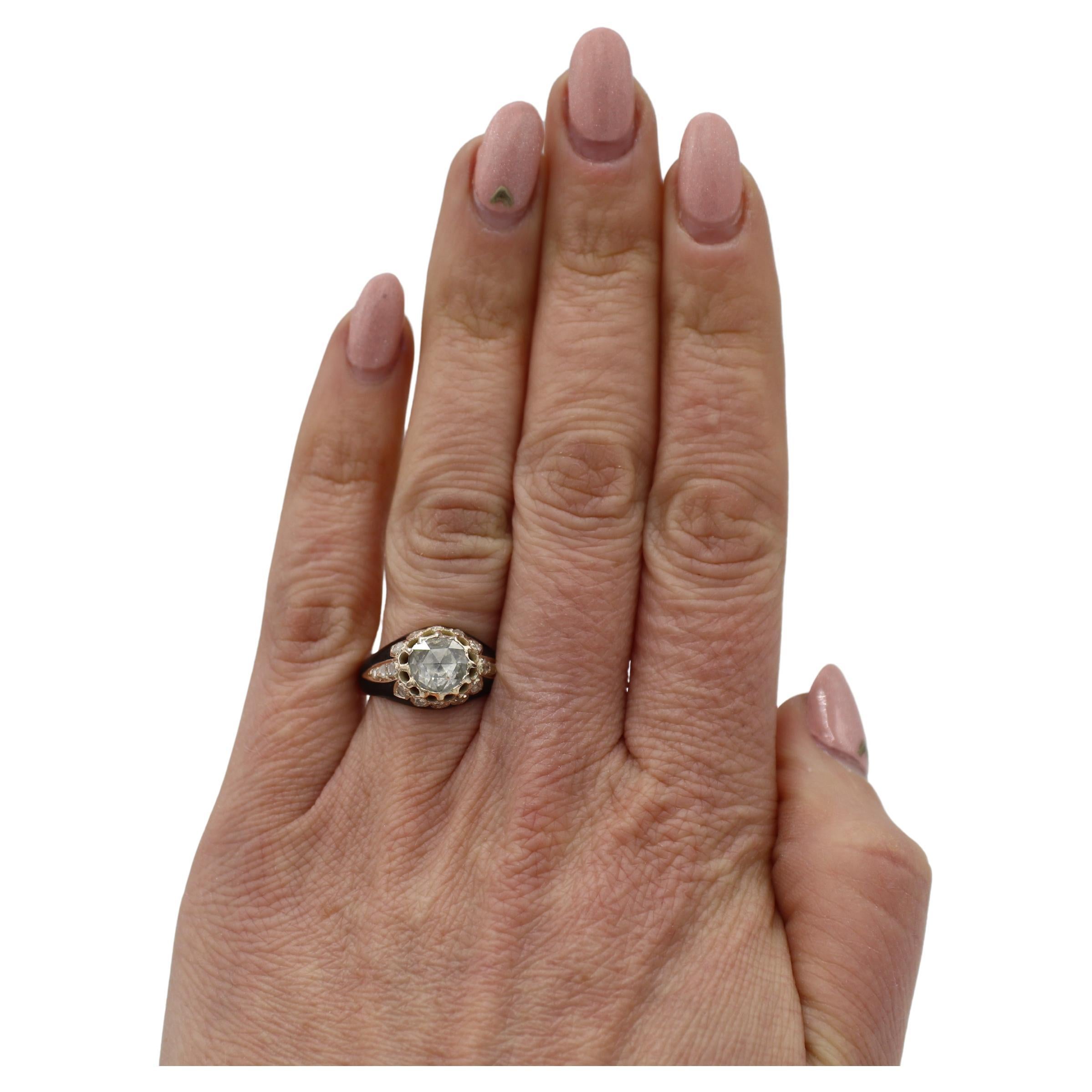 Antique Natural Rose Cut Diamond & Enamel Yellow Gold Engagement Ring 1