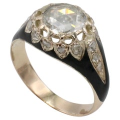Antique Natural Rose Cut Diamond & Enamel Yellow Gold Engagement Ring