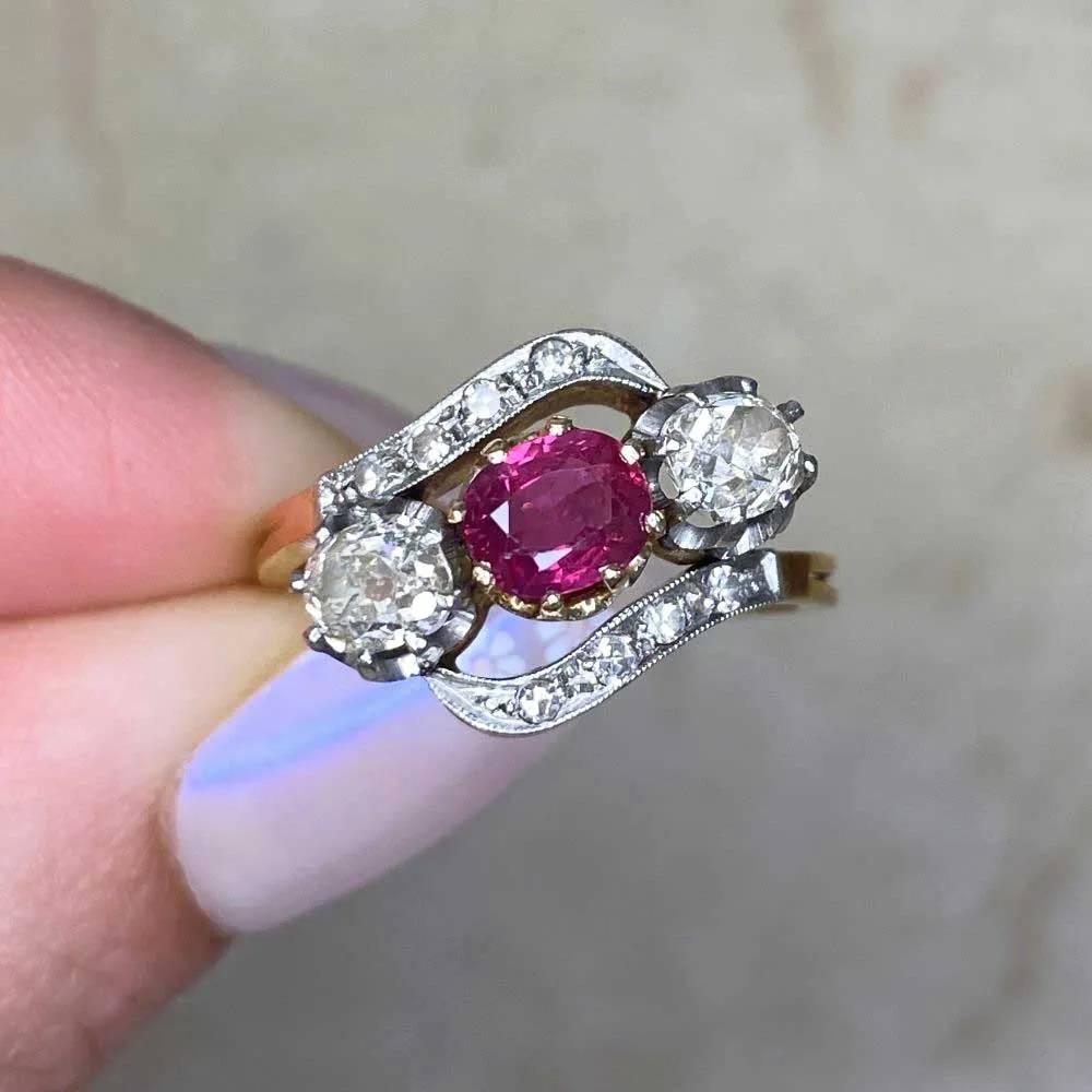 Antique Natural Ruby & Diamond Engagement Ring, Platinum & 18k Yellow Gold For Sale 4