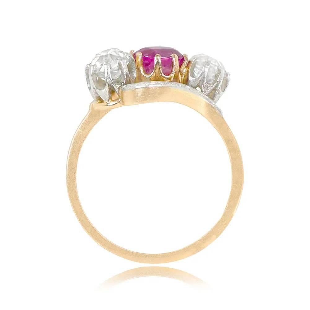 Antique Cushion Cut Antique Natural Ruby & Diamond Engagement Ring, Platinum & 18k Yellow Gold For Sale