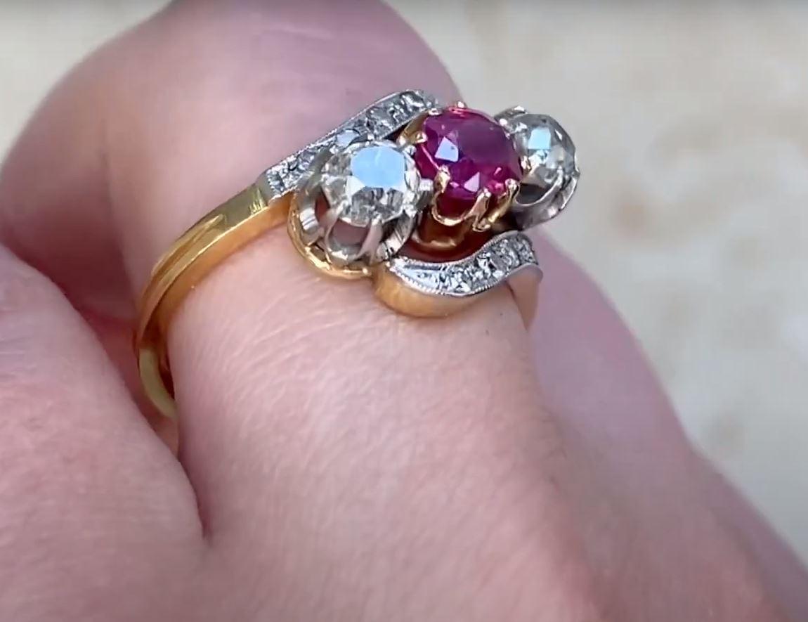 Women's Antique Natural Ruby & Diamond Engagement Ring, Platinum & 18k Yellow Gold For Sale