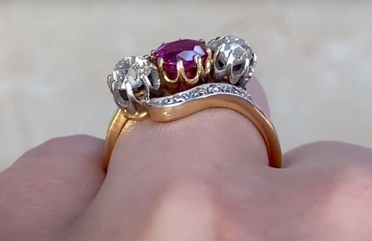 Antique Natural Ruby & Diamond Engagement Ring, Platinum & 18k Yellow Gold For Sale 2