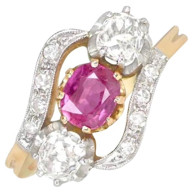 Antique Natural Ruby & Diamond Engagement Ring, Platinum & 18k Yellow Gold For Sale