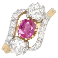 Antique Natural Ruby & Diamond Engagement Ring, Platinum & 18k Yellow Gold