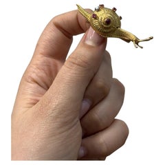 Antique Natural Ruby & Diamond Snail Brooch 18k Yellow Gold