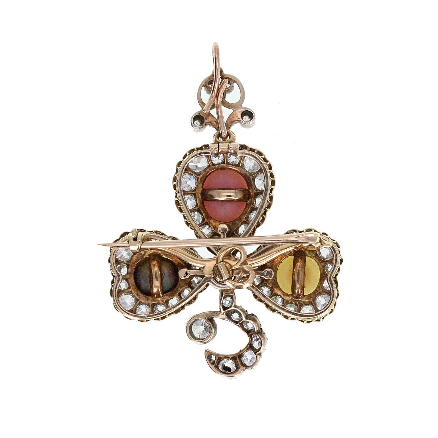 Late Victorian Antique Natural Saltwater and Conch Pearl Diamond Silver Gold Pendant Brooch For Sale