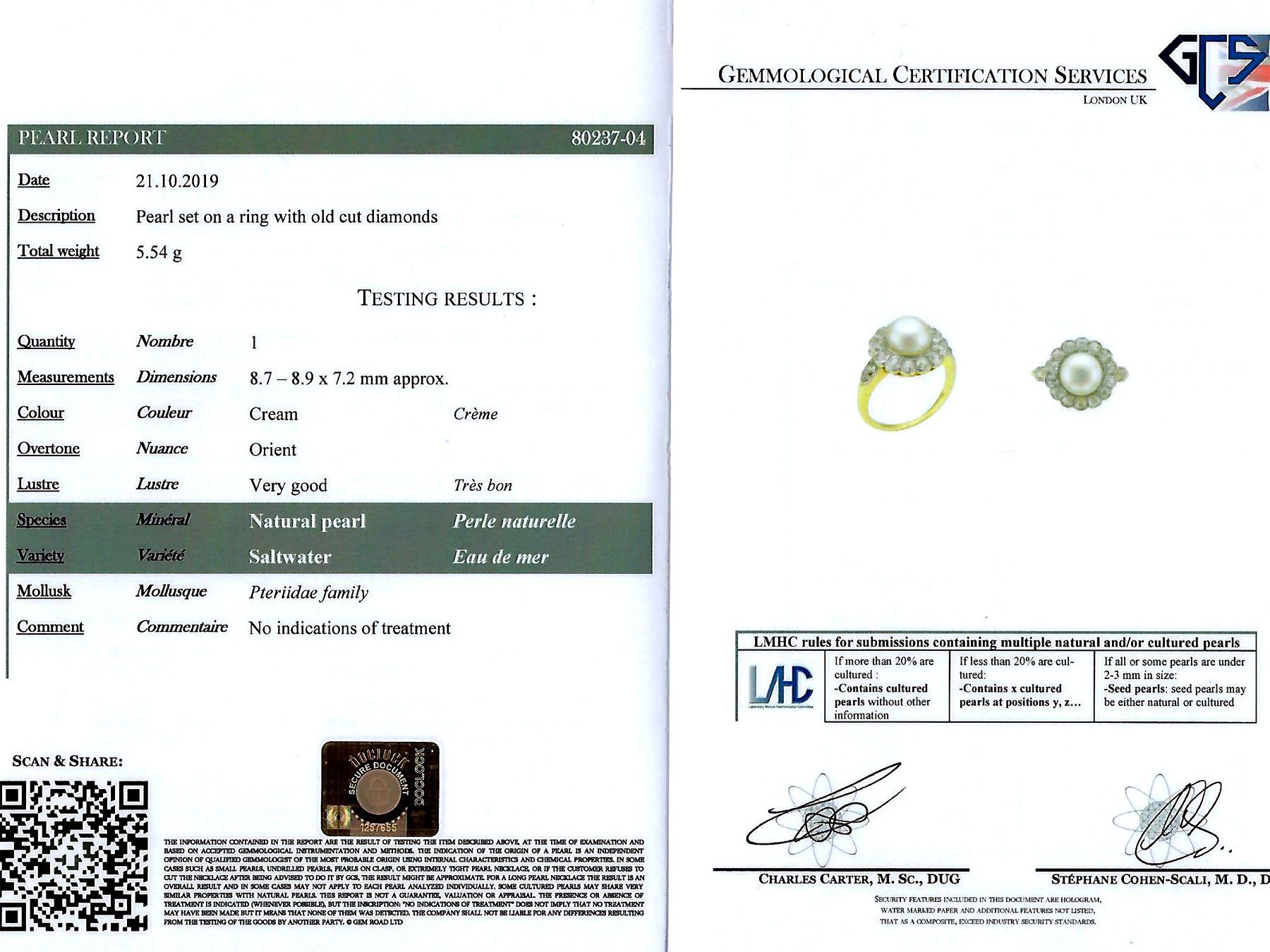 Anillo antiguo de oro amarillo con perla natural de agua salada y diamante de 1,43 quilates en venta 5