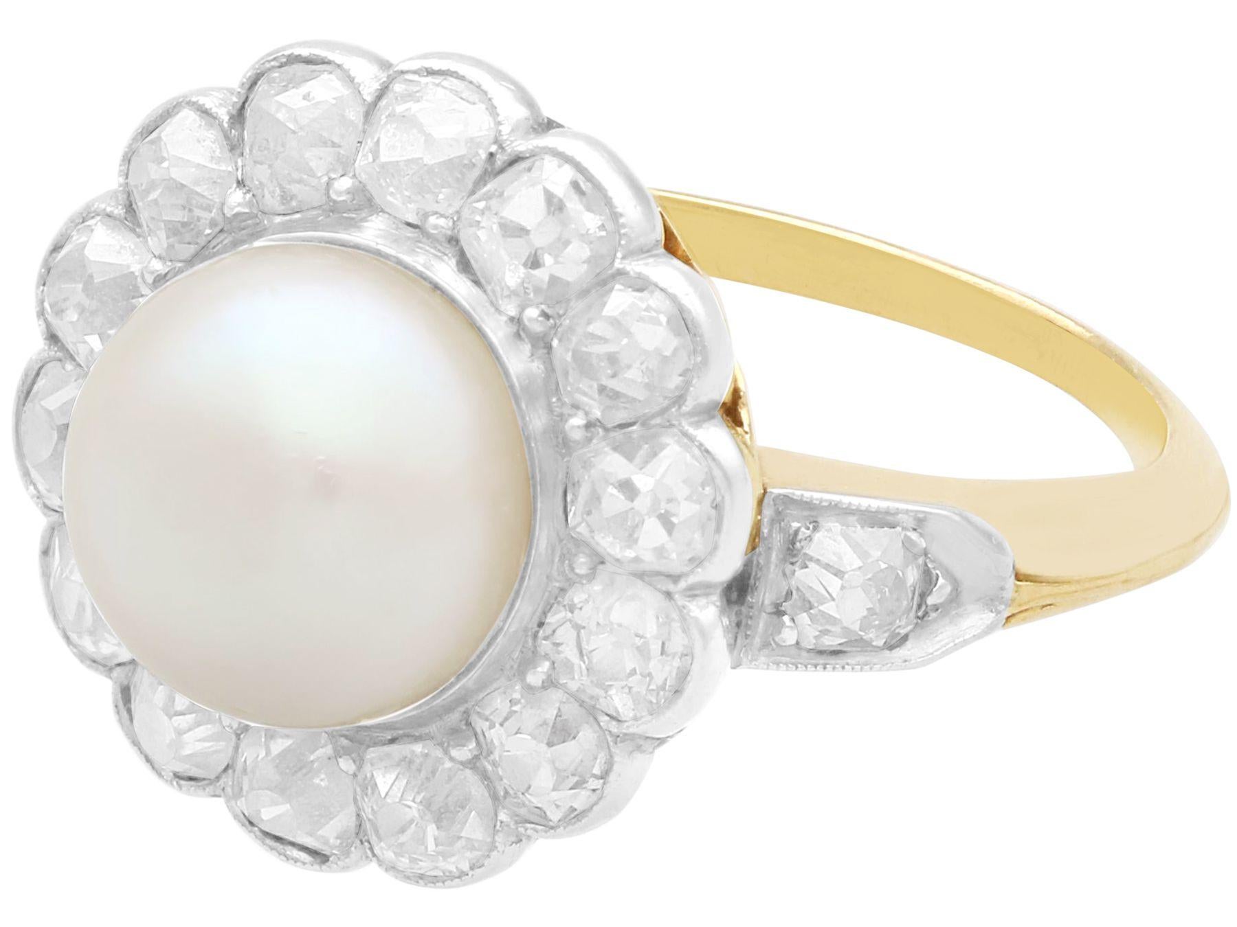 Femenino o masculino Anillo antiguo de oro amarillo con perla natural de agua salada y diamante de 1,43 quilates en venta