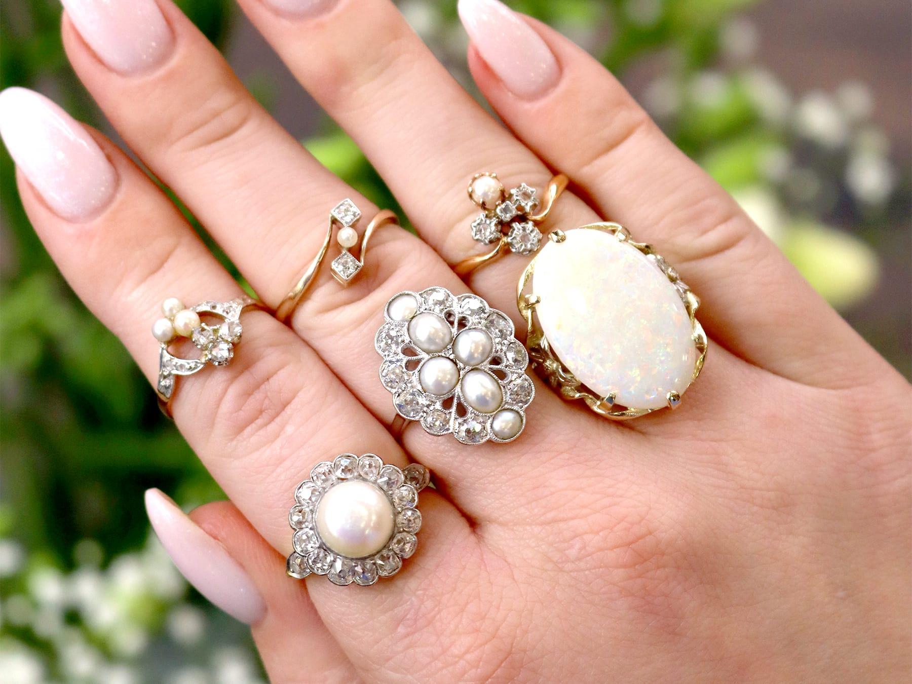 Anillo antiguo de oro amarillo con perla natural de agua salada y diamante de 1,43 quilates Corte europeo antiguo en venta