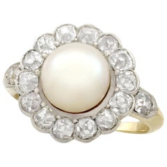 Antique Natural Saltwater Pearl and 1.43 Carat Diamond Yellow Gold Cluster Ring