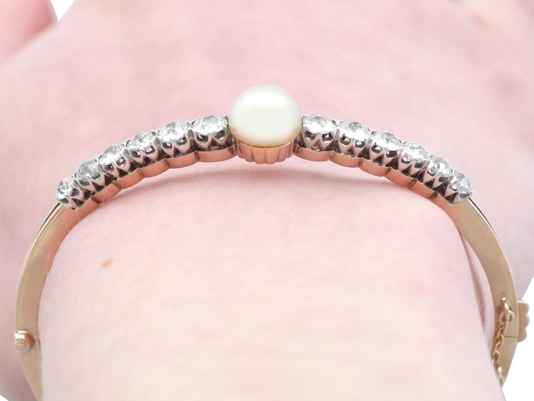 Antique Natural Saltwater Pearl and 2.82 Carat Diamond Rose Gold Bangle For Sale 6