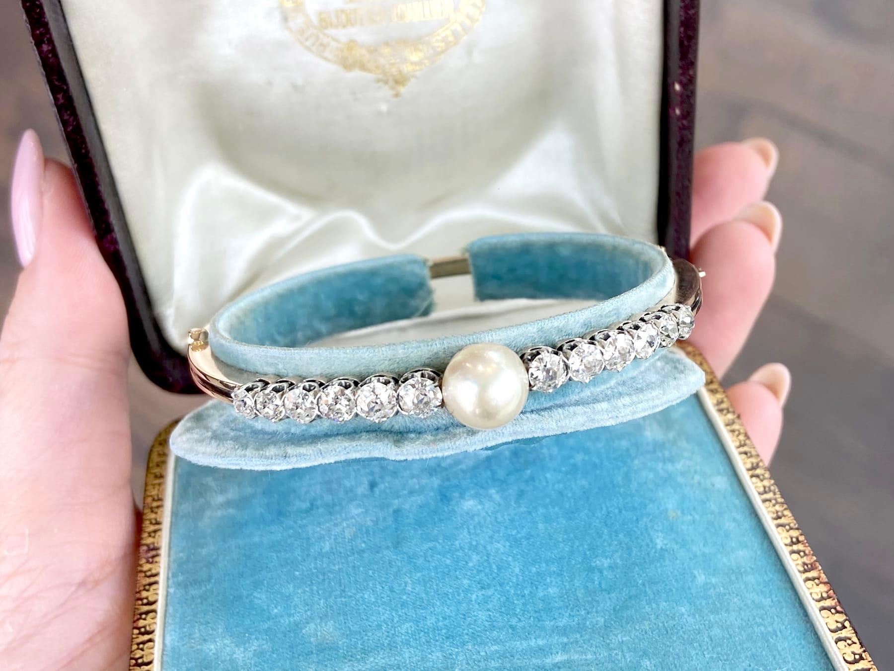 Old European Cut Antique Natural Saltwater Pearl and 2.82 Carat Diamond Rose Gold Bangle For Sale