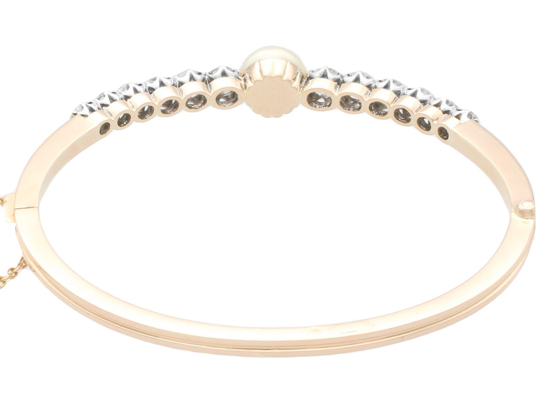 Old European Cut Antique Natural Saltwater Pearl and 2.82 Carat Diamond Rose Gold Bangle For Sale