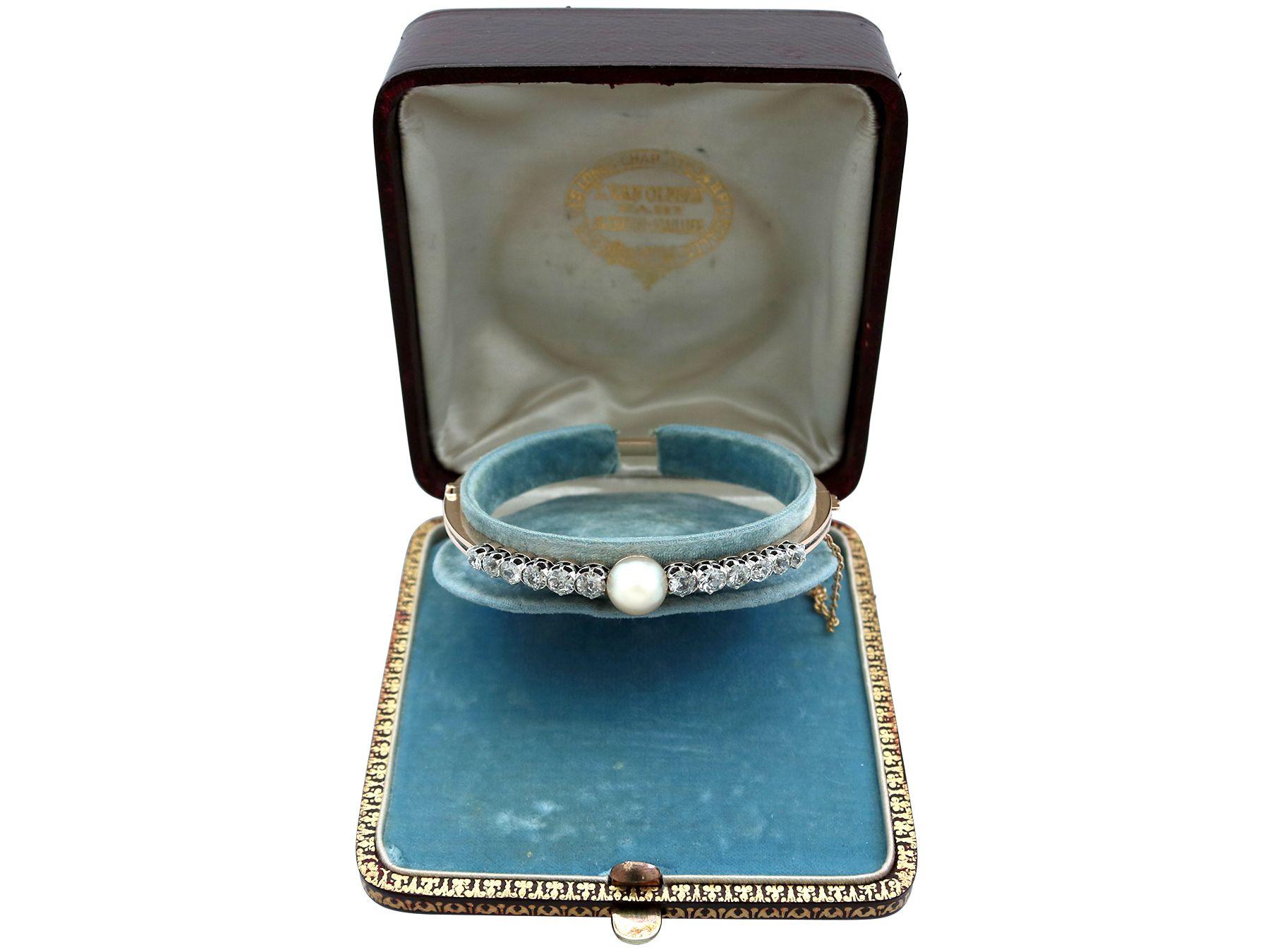Antique Natural Saltwater Pearl and 2.82 Carat Diamond Rose Gold Bangle For Sale 2