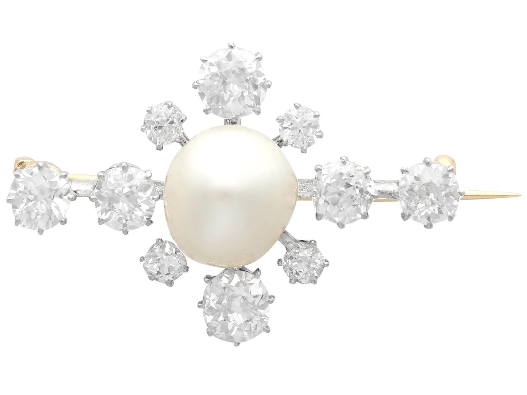 Antique Natural Saltwater Pearl and Diamond, 15k Yellow Gold Brooch / Pendant For Sale 1