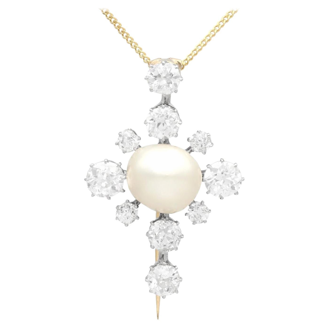 Antique Natural Saltwater Pearl and Diamond, 15k Yellow Gold Brooch / Pendant