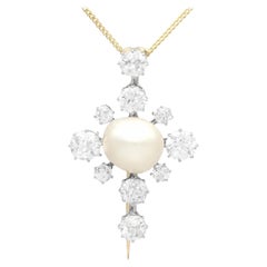 Antique Natural Saltwater Pearl and Diamond, 15k Yellow Gold Brooch / Pendant