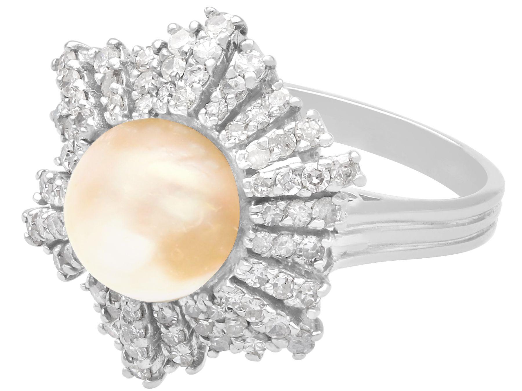 Cabochon Antique Natural Saltwater Pearl and Diamond White Gold Cocktail Ring For Sale