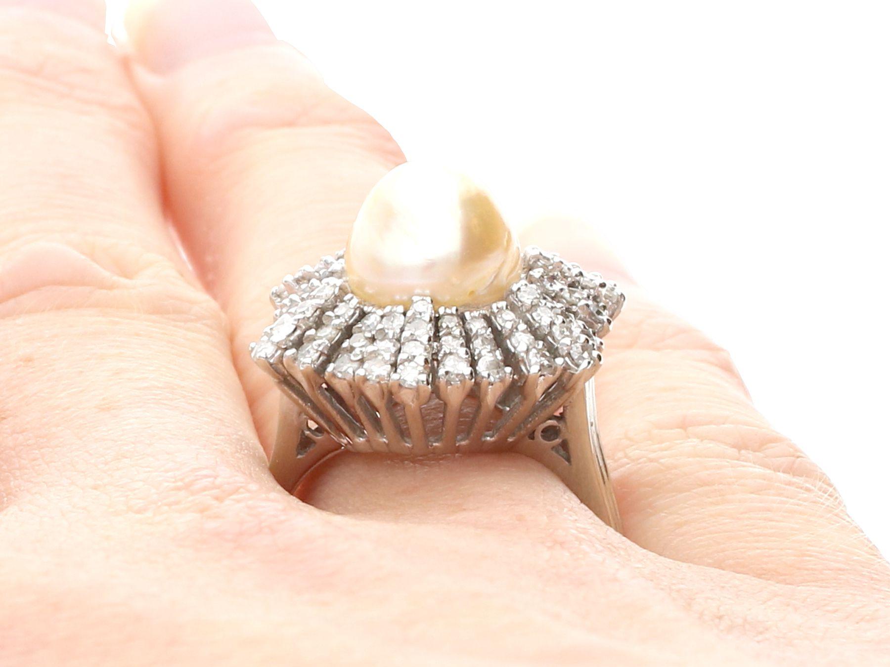 Antique Natural Saltwater Pearl and Diamond White Gold Cocktail Ring For Sale 3